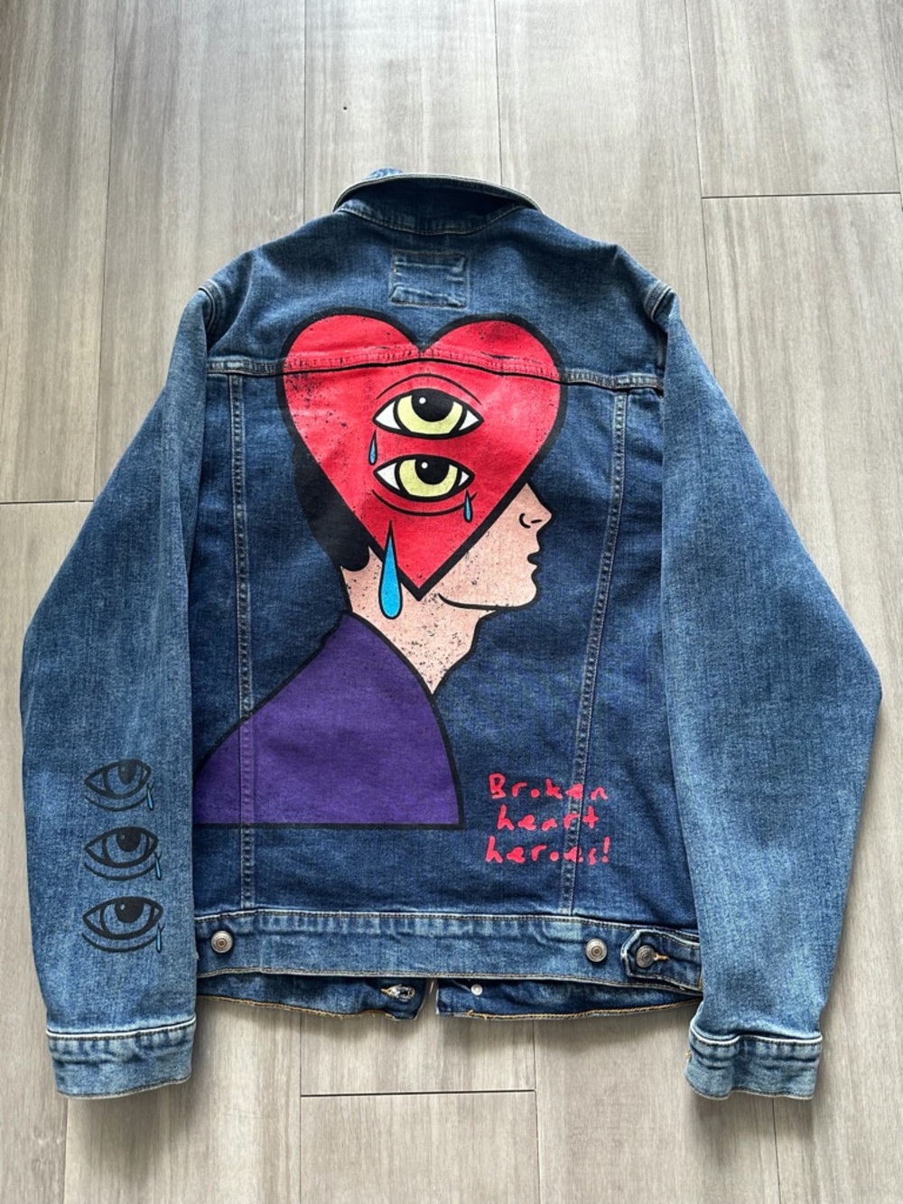 Zara Blue Denim Jacket with Red Heart Graphic and Purple Accent (LARGE) - Picture 9 of 15